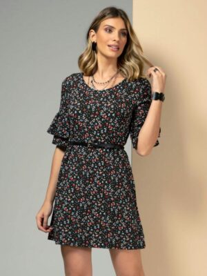 Vestido cinza chumbo com estampa floral